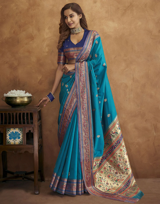 Blue Soft Pethani Silk Blend Saree With Gold Zari Weawing Motifs With Matching Blouse Fabric 1
