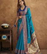 Blue Soft Pethani Silk Blend Saree With Gold Zari Weawing Motifs With Matching Blouse Fabric