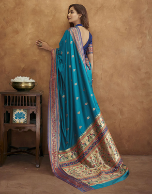 Blue Soft Pethani Silk Blend Saree With Gold Zari Weawing Motifs With Matching Blouse Fabric 2