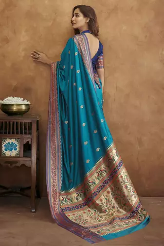 Blue Soft Pethani Silk Blend Saree With Gold Zari Weawing Motifs With Matching Blouse Fabric