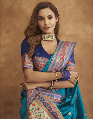 Blue Soft Pethani Silk Blend Saree With Gold Zari Weawing Motifs With Matching Blouse Fabric 3