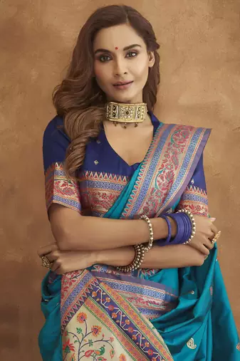 Blue Soft Pethani Silk Blend Saree With Gold Zari Weawing Motifs With Matching Blouse Fabric