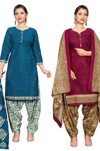 women multicolor cotton printed ready to wear patiala salwar suit combo pack of 2