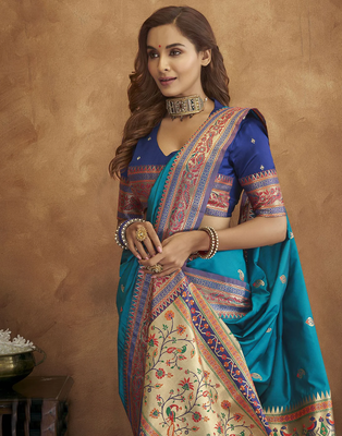 Blue Soft Pethani Silk Blend Saree With Gold Zari Weawing Motifs With Matching Blouse Fabric 4