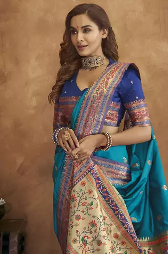 Blue Soft Pethani Silk Blend Saree With Gold Zari Weawing Motifs With Matching Blouse Fabric