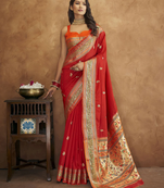 Red Soft Pethani Silk Blend Saree With Gold Zari Weawing Motifs With Matching Blouse Fabric