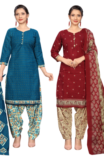 women multicolor cotton printed ready to wear patiala salwar suit combo pack of 2