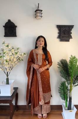 Brown Georgette Salwar Suit Set with Sequin Embroidery     Stitched 3