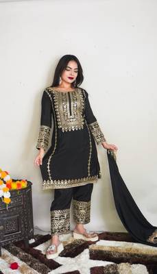 Black Chinnon Silk Stitched Masterpiece with Sequin Embroidery & Full Sleeves 1