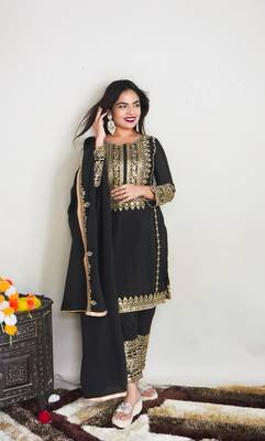 Black Chinnon Silk Stitched Masterpiece with Sequin Embroidery & Full Sleeves 3
