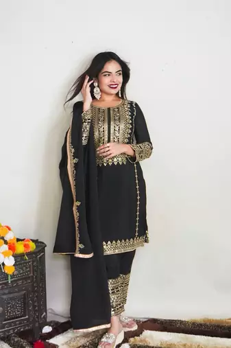 Black Chinnon Silk Stitched Masterpiece with Sequin Embroidery & Full Sleeves