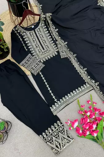 Black Chinnon Silk Stitched Masterpiece with Sequin Embroidery & Full Sleeves