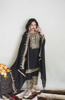 Black Chinnon Silk Stitched Masterpiece with Sequin Embroidery & Full Sleeves 5