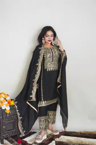 Black Chinnon Silk Stitched Masterpiece with Sequin Embroidery & Full Sleeves