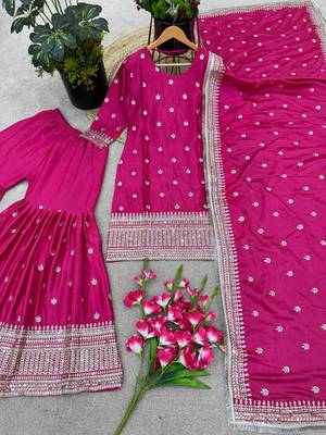 Blush Pink Chinnon Silk Stitched Ensemble with Sequin Embroidery & Full Sleeves 4