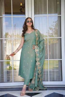 Blue Pure Chinnon Silk With Embroidery Sequin Work With Quarter Sleeves 1