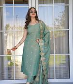 Blue Pure Chinnon Silk With Embroidery Sequin Work With Quarter Sleeves