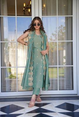 Blue Pure Chinnon Silk With Embroidery Sequin Work With Quarter Sleeves 3