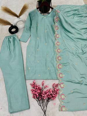 Blue Pure Chinnon Silk With Embroidery Sequin Work With Quarter Sleeves 4