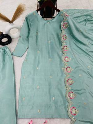 Blue Pure Chinnon Silk With Embroidery Sequin Work With Quarter Sleeves 5