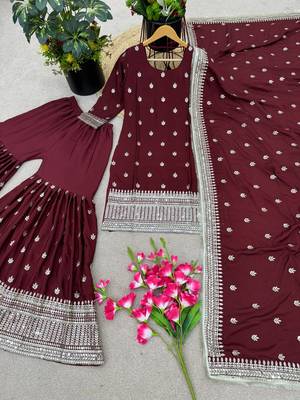 Majestic Maroon Chinnon Silk Stitched Ensemble with Intricate Sequin Embroidery & Full Sleeves 1