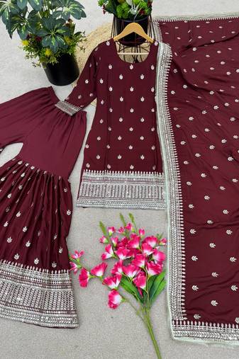 Majestic Maroon Chinnon Silk Stitched Ensemble with Intricate Sequin Embroidery & Full Sleeves