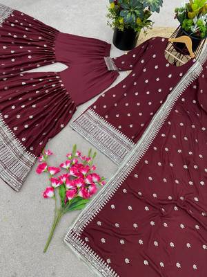 Majestic Maroon Chinnon Silk Stitched Ensemble with Intricate Sequin Embroidery & Full Sleeves 3