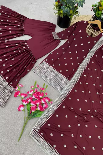 Majestic Maroon Chinnon Silk Stitched Ensemble with Intricate Sequin Embroidery & Full Sleeves