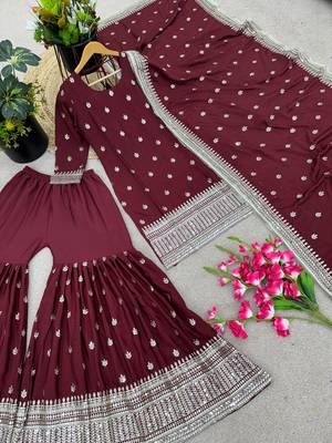 Majestic Maroon Chinnon Silk Stitched Ensemble with Intricate Sequin Embroidery & Full Sleeves 4
