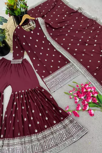 Majestic Maroon Chinnon Silk Stitched Ensemble with Intricate Sequin Embroidery & Full Sleeves