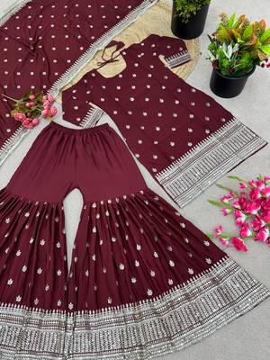 Majestic Maroon Chinnon Silk Stitched Ensemble with Intricate Sequin Embroidery & Full Sleeves 5