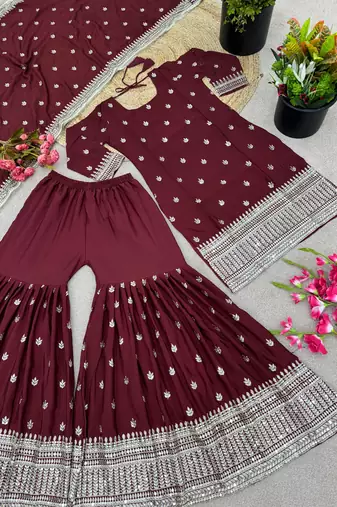 Majestic Maroon Chinnon Silk Stitched Ensemble with Intricate Sequin Embroidery & Full Sleeves