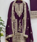 Regal Purple Chinon Suit Set with Heavy Embroidery     Fully Stitched