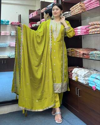 Green Pure Chinnon Silk With Heavy Embroidery Sequin Work With Full Sleeves 1