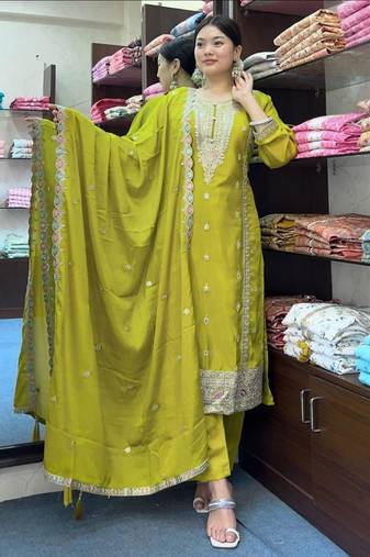 Green Pure Chinnon Silk With Heavy Embroidery Sequin Work With Full Sleeves