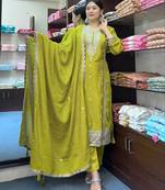 Green Pure Chinnon Silk With Heavy Embroidery Sequin Work With Full Sleeves