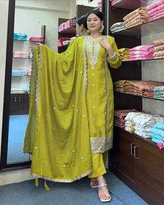 Green Pure Chinnon Silk With Heavy Embroidery Sequin Work With Full Sleeves 3