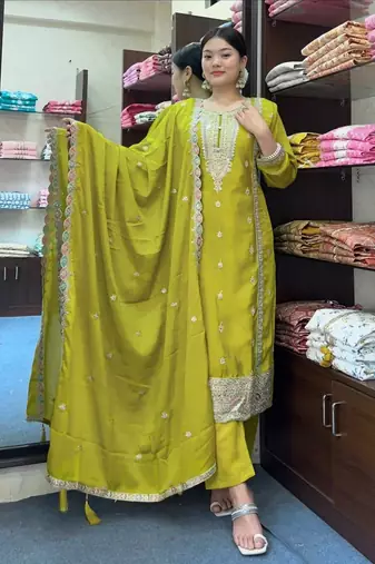 Green Pure Chinnon Silk With Heavy Embroidery Sequin Work With Full Sleeves