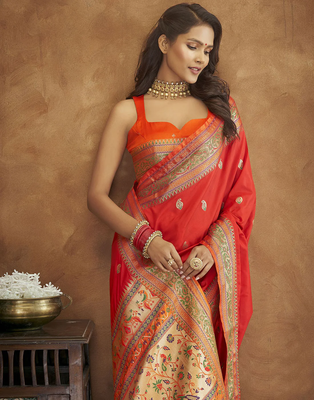Red Soft Pethani Silk Blend Saree With Gold Zari Weawing Motifs With Matching Blouse Fabric 3