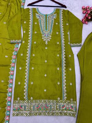Green Pure Chinnon Silk With Heavy Embroidery Sequin Work With Full Sleeves 4