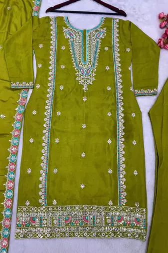 Green Pure Chinnon Silk With Heavy Embroidery Sequin Work With Full Sleeves