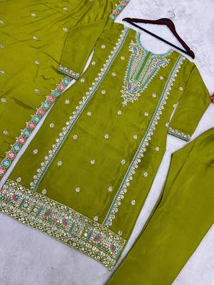 Green Pure Chinnon Silk With Heavy Embroidery Sequin Work With Full Sleeves 5