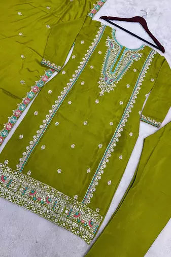 Green Pure Chinnon Silk With Heavy Embroidery Sequin Work With Full Sleeves