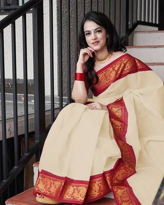 Beige Silk Blend Woven Saree with Golden Zari Checkered Design 1