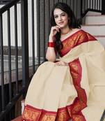 Beige Silk Blend Woven Saree with Golden Zari Checkered Design