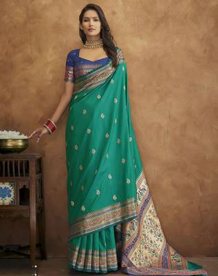 Turquoise Soft Pethani Silk Blend Saree With Gold Zari Weawing Motifs With Matching Blouse Fabric 1