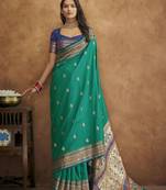 Turquoise Soft Pethani Silk Blend Saree With Gold Zari Weawing Motifs With Matching Blouse Fabric