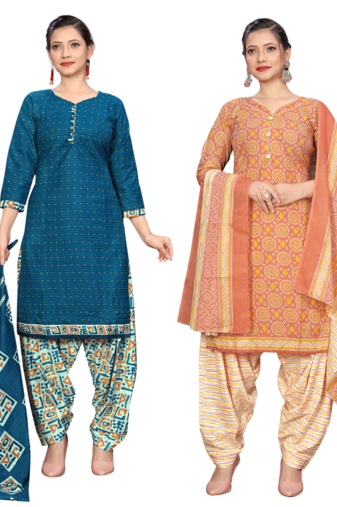 Rajnandini women multicolor cotton printed ready to wear patiala salwar suit combo pack of 2