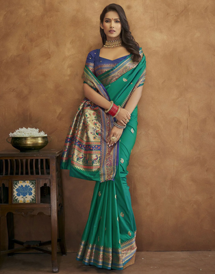 Turquoise Soft Pethani Silk Blend Saree With Gold Zari Weawing Motifs With Matching Blouse Fabric 2