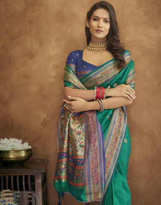 Turquoise Soft Pethani Silk Blend Saree With Gold Zari Weawing Motifs With Matching Blouse Fabric 3